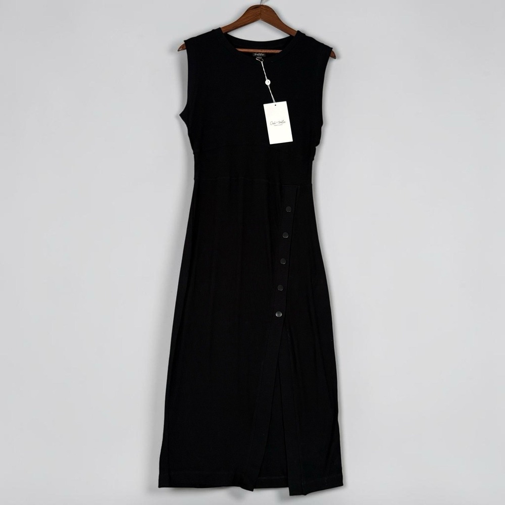 NWT Womens Sz L Black Ribbed Sweater Dress Minimalist Sleeveless LBD Capsule